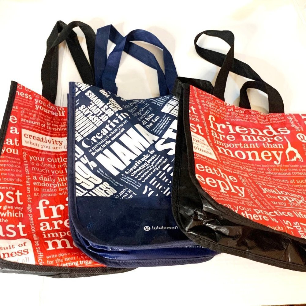 Lululemon Reusable Logo Print Shopping Bags Red & Blue Set of 3